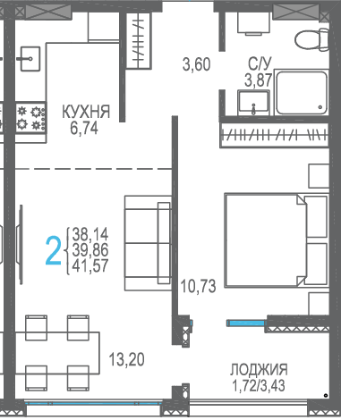 39,9 м², 2-комнатная квартира 8 769 200 ₽ - изображение 1