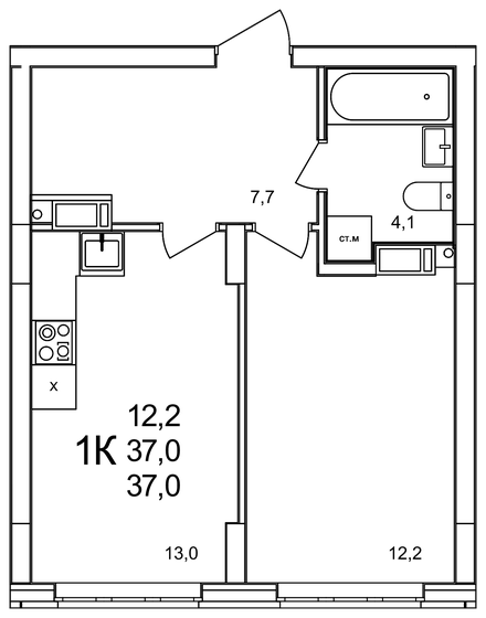 37 м², 1-комнатная квартира 5 772 000 ₽ - изображение 1
