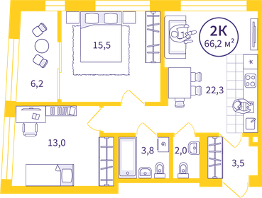 Квартира 63,1 м², 2-комнатная - изображение 1