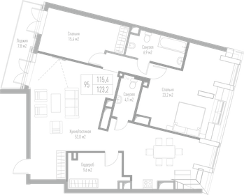 Квартира 123,2 м², 2-комнатная - изображение 1