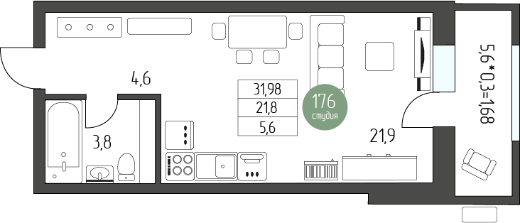 35,5 м², квартира-студия 5 147 540 ₽ - изображение 1