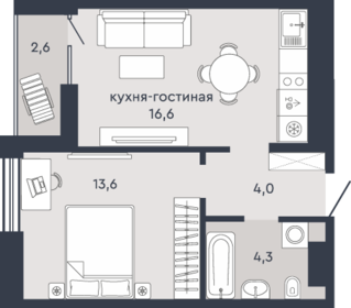 Квартира 39,8 м², 1-комнатная - изображение 2