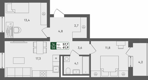 Квартира 61,9 м², 2-комнатная - изображение 1