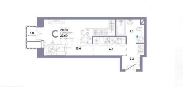 Квартира 28,6 м², студия - изображение 1