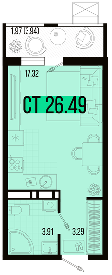 26,5 м², 1-комнатная квартира 3 083 436 ₽ - изображение 1