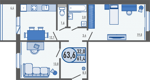 Квартира 63,7 м², 2-комнатная - изображение 1