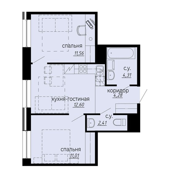 46,2 м², 2-комнатные апартаменты 12 927 600 ₽ - изображение 1