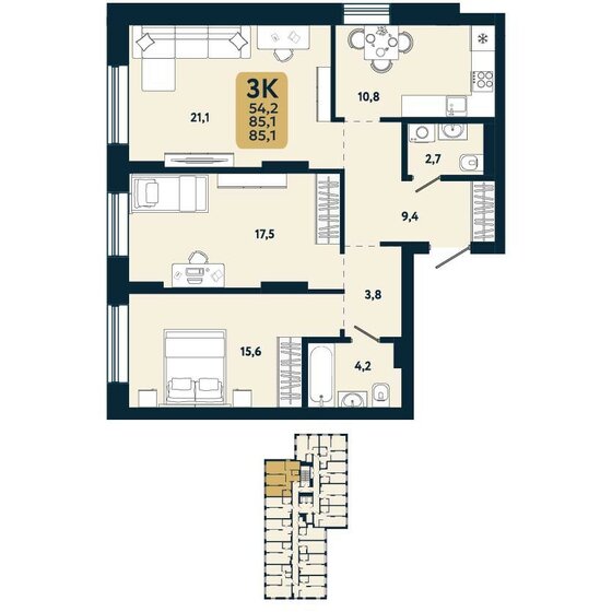 85,1 м², 3-комнатная квартира 11 224 700 ₽ - изображение 1