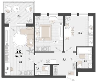 Квартира 53,1 м², 2-комнатная - изображение 1