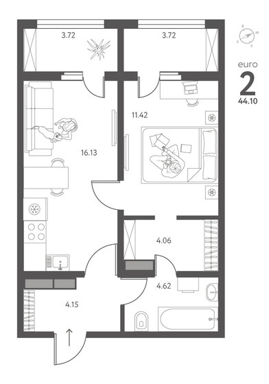 44,1 м², 1-комнатная квартира 5 027 400 ₽ - изображение 1