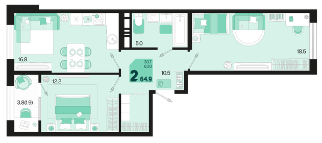 65,8 м², 2-комнатная квартира 8 527 680 ₽ - изображение 11