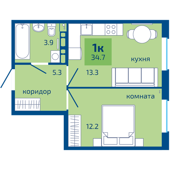 34,7 м², 1-комнатная квартира 3 640 000 ₽ - изображение 1