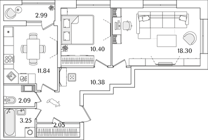 Квартира 59,8 м², 2-комнатная - изображение 1