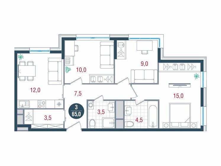 65 м², 3-комнатная квартира 19 940 310 ₽ - изображение 1