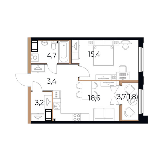 47,1 м², 1-комнатная квартира 7 771 500 ₽ - изображение 1
