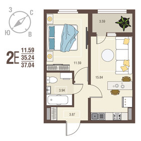 Квартира 37 м², 1-комнатная - изображение 1