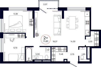 Квартира 71,8 м², 2-комнатная - изображение 1