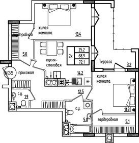 Квартира 78,1 м², 2-комнатная - изображение 1