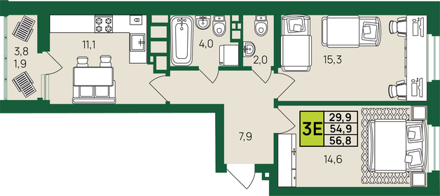 56,9 м², 2-комнатная квартира 6 241 375 ₽ - изображение 17