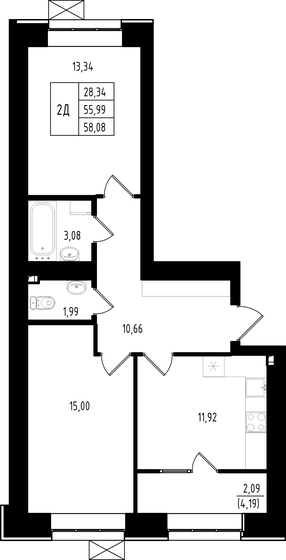 58,1 м², 2-комнатная квартира 9 040 000 ₽ - изображение 1