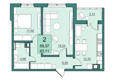 Квартира 59,4 м², 2-комнатная - изображение 2