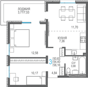 Квартира 54,4 м², 3-комнатная - изображение 1