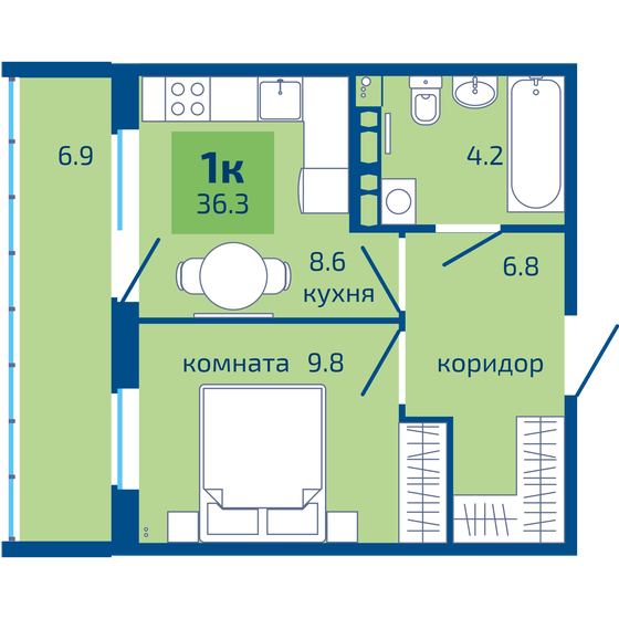 36,3 м², 1-комнатная квартира 3 960 000 ₽ - изображение 1