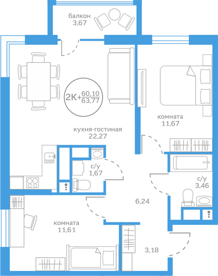 60,1 м², 2-комнатная квартира 7 600 000 ₽ - изображение 1