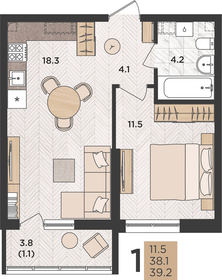 Квартира 39,2 м², 1-комнатная - изображение 1