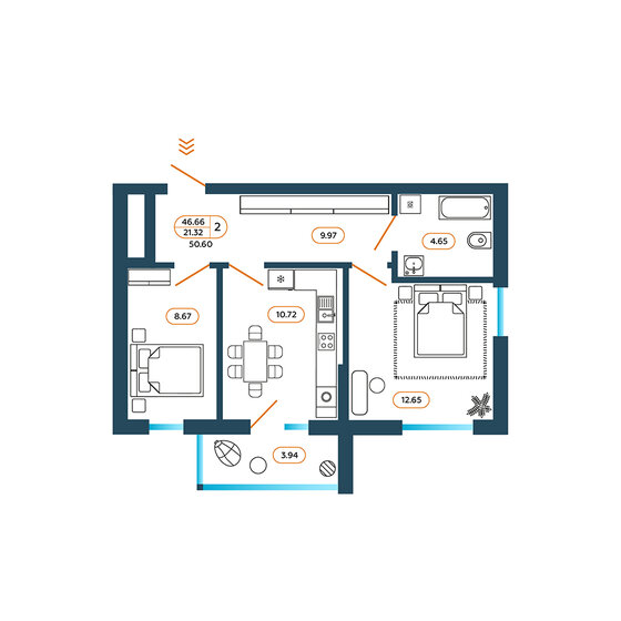 50,5 м², 2-комнатная квартира 5 550 600 ₽ - изображение 1
