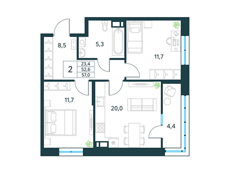 52,4 м², 2-комнатная квартира 7 493 200 ₽ - изображение 25