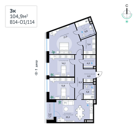 Квартира 104,9 м², 3-комнатная - изображение 1