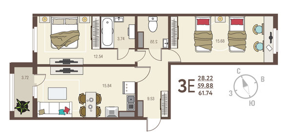 61,1 м², 3-комнатная квартира 3 800 000 ₽ - изображение 67