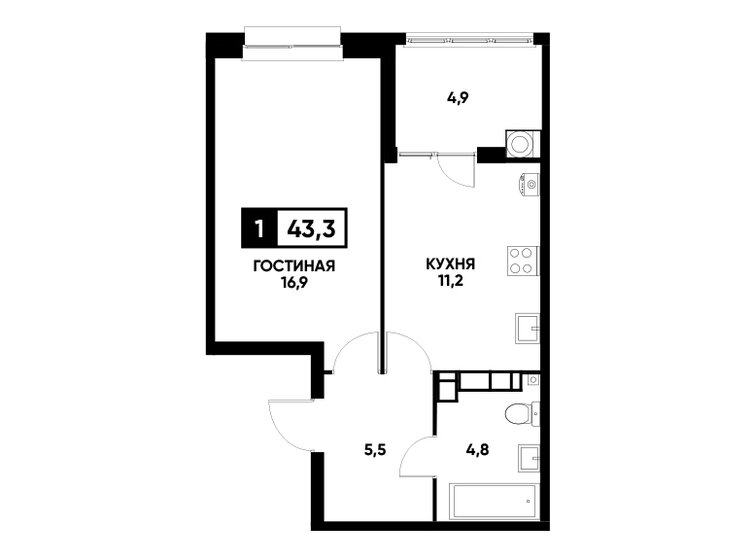 43,3 м², 1-комнатная квартира 4 529 180 ₽ - изображение 1