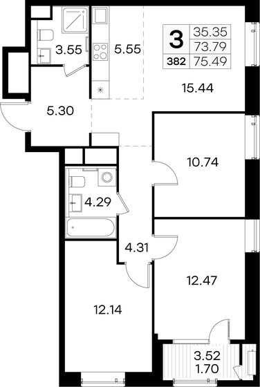75,5 м², 3-комнатная квартира 20 090 000 ₽ - изображение 1
