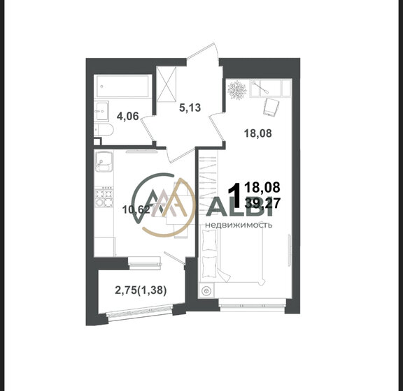 39,3 м², 1-комнатная квартира 6 850 000 ₽ - изображение 1