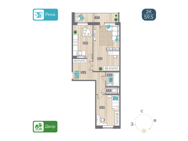 58,6 м², 2-комнатная квартира 6 300 000 ₽ - изображение 42