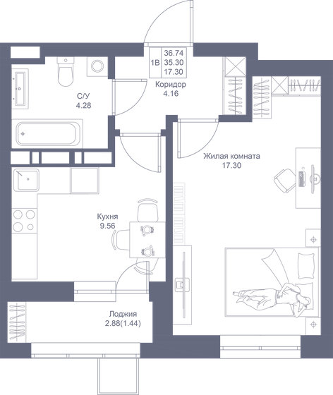 36,7 м², 1-комнатная квартира 8 964 560 ₽ - изображение 1