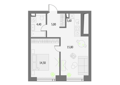 Квартира 43,1 м², 1-комнатная - изображение 1