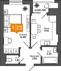 Квартира 34,3 м², 1-комнатная - изображение 1