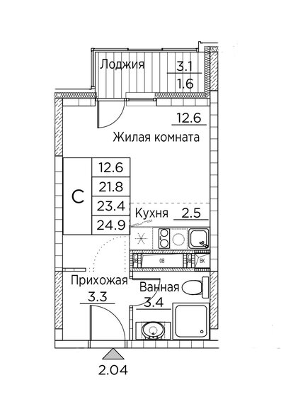 24,9 м², квартира-студия 4 374 286 ₽ - изображение 1