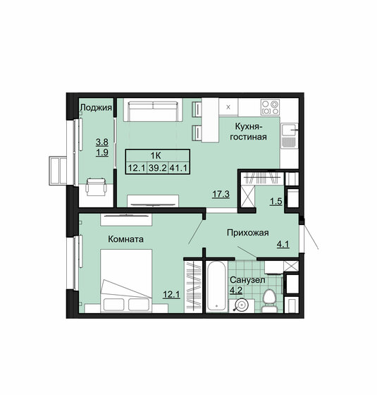 41,1 м², 1-комнатная квартира 3 735 000 ₽ - изображение 1