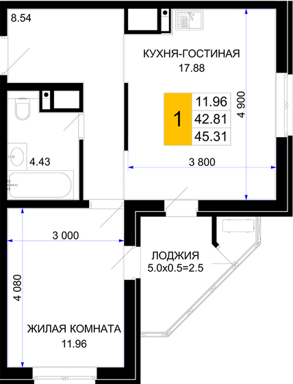 45,3 м², 1-комнатная квартира 6 207 470 ₽ - изображение 1