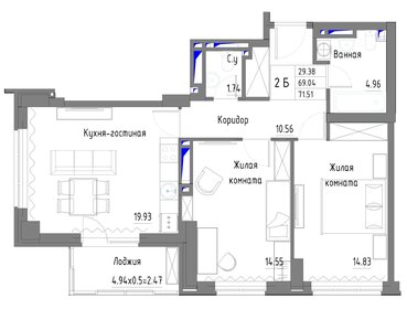 70 м², 3-комнатная квартира 6 200 000 ₽ - изображение 90