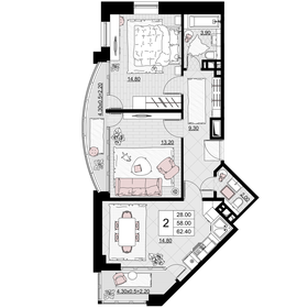 Квартира 62,4 м², 2-комнатная - изображение 1