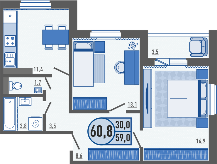 60,6 м², 2-комнатная квартира 5 326 740 ₽ - изображение 13