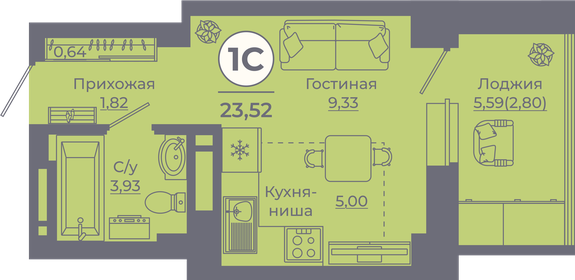 27 м², квартира-студия 3 400 000 ₽ - изображение 32