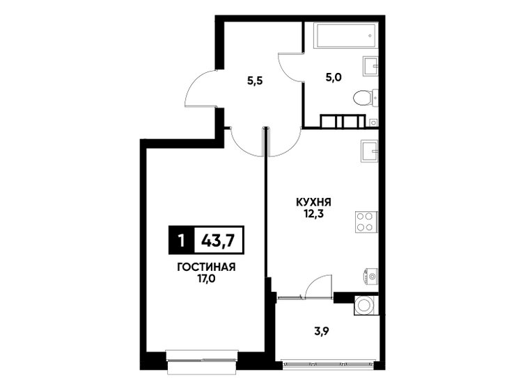 43,7 м², 1-комнатная квартира 4 647 495 ₽ - изображение 1