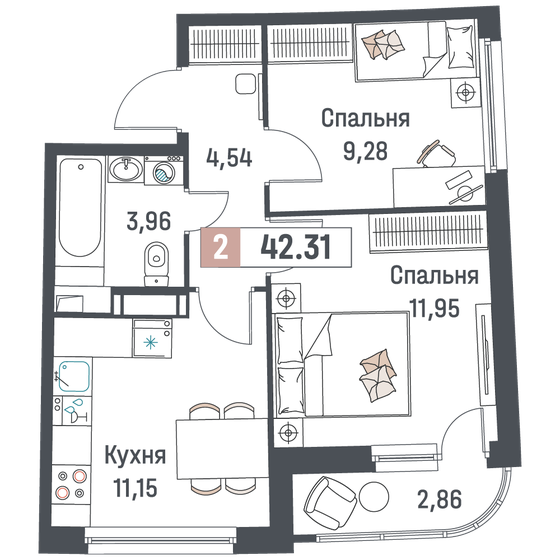 42,3 м², 2-комнатная квартира 7 218 086 ₽ - изображение 1