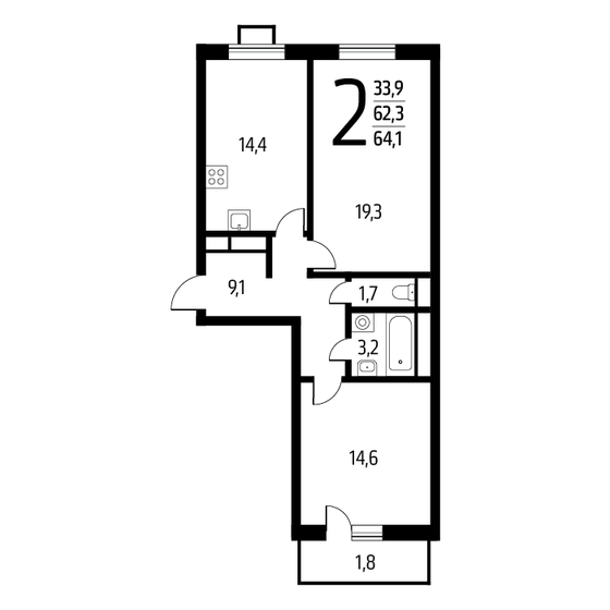 64,1 м², 2-комнатная квартира 14 005 850 ₽ - изображение 1